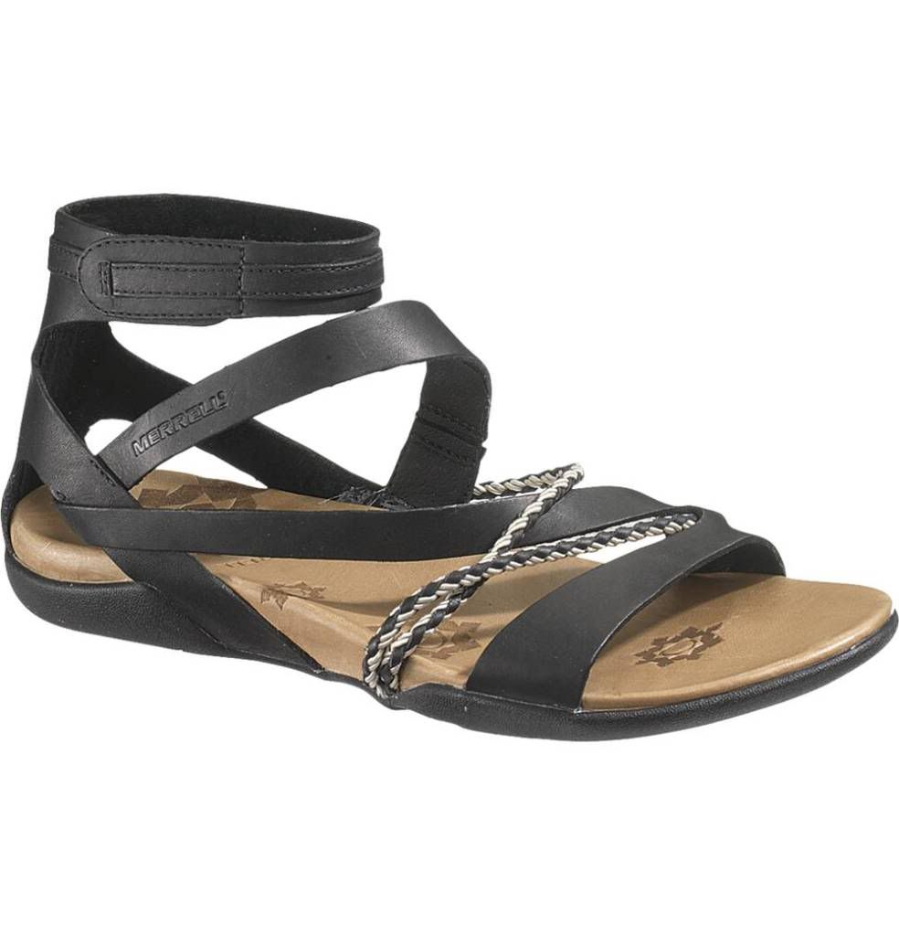 ... about Merrell Women Henna Black Smooth Leather Gladiator Sandal J85340