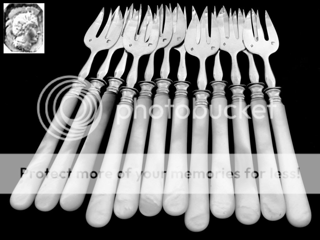 HENIN French Sterling Silver & Pearl Oyster Forks 12pc  